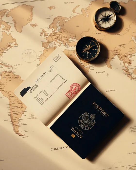 Passaporte aberto com carimbos sobre mapa-múndi e bússola