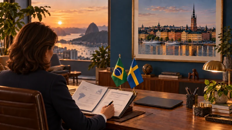 Ilustração de uma profissional analisando documentos previdenciários, com bandeiras do Brasil e da Suécia sobre a mesa e uma imagem de Estocolmo na parede.