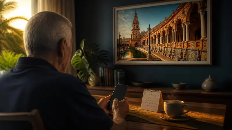 Pessoa idosa consulta o celular ao lado de um calendário, em ilustração sobre a prova de vida da pensão espanhola no Brasil.